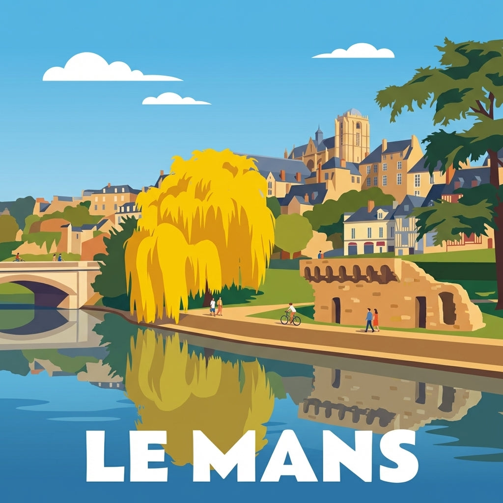 Le Mans — illustration souvenir : cathédrale, saule pleureur et bord de rivière