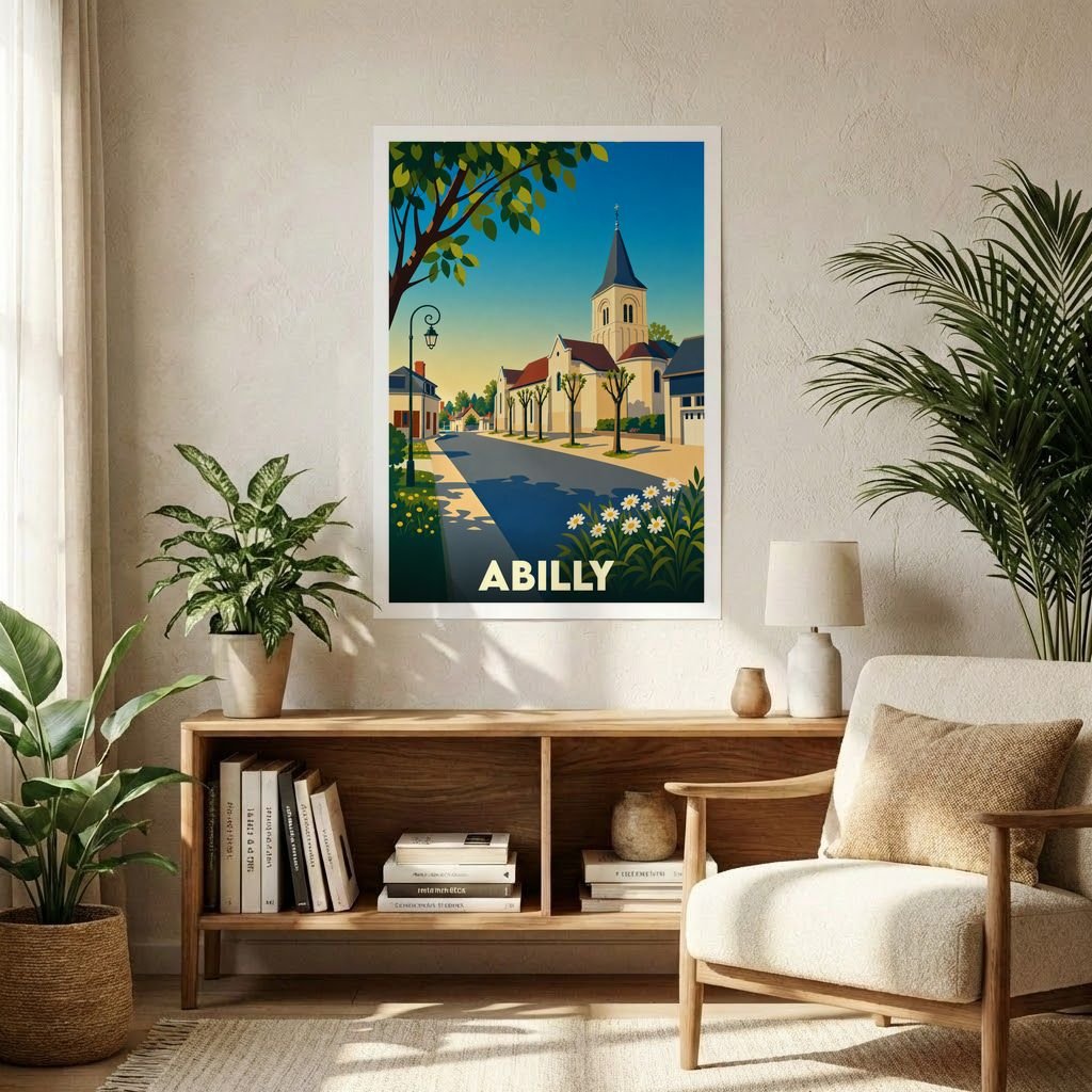 Affiche souvenir de la ville de Abilly avec une illustration stylisée et colorée de ses rues et de son église.