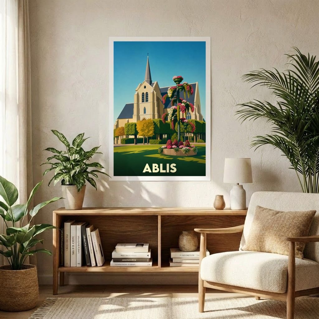 Affiche souvenir de la ville d'Ablis représentant son église et un mât fleuri dans un style graphique épuré.