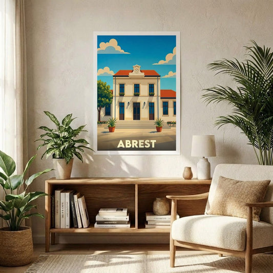 Affiche souvenir de la ville d'Abrest illustrant son hôtel de ville dans un style rétro et coloré.