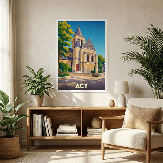 Affiche souvenir de la ville d'Acy représentant son église dans un style graphique épuré et coloré.