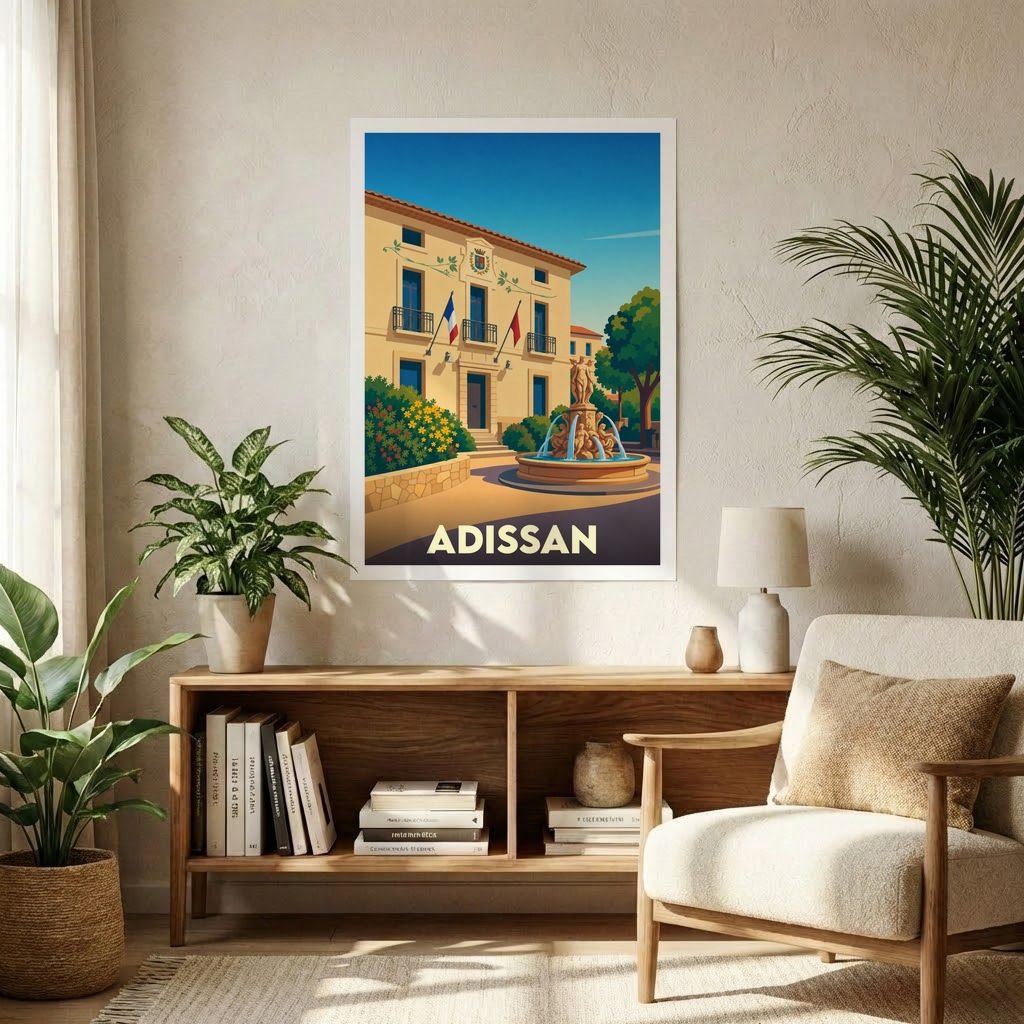 Affiche souvenir de la ville d'Adissan représentant une illustration stylisée de sa mairie et d'une fontaine.