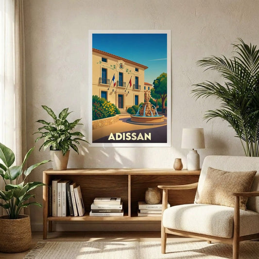 Affiche souvenir de la ville d'Adissan représentant une illustration stylisée de sa mairie et d'une fontaine.