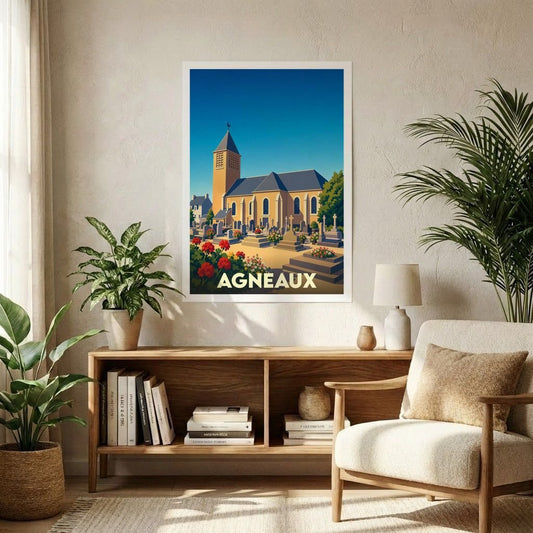 Affiche souvenir de la ville d'Agneaux présentant une illustration stylisée de son église et de son cimetière fleuri.