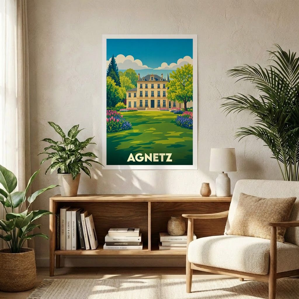 Affiche souvenir de la ville d'Agnetz avec une illustration stylisée d'une grande demeure classique et son jardin.