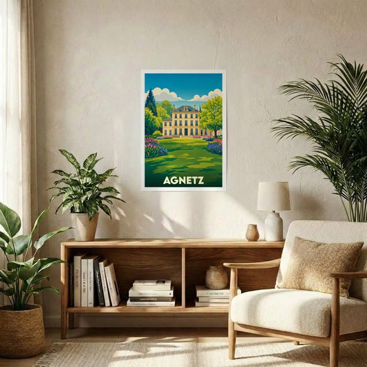 Affiche souvenir de la ville d'Agnetz avec une illustration stylisée de son patrimoine architectural et naturel.