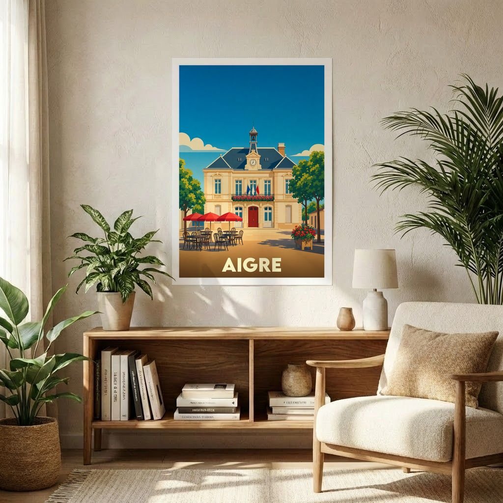 Affiche souvenir de la ville d'Aigre avec une illustration stylisée de son hôtel de ville.