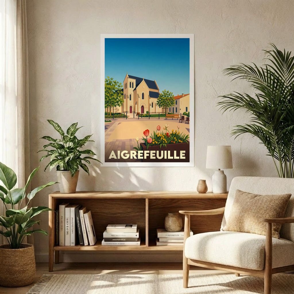 Affiche souvenir de la ville de Aigrefeuille avec une illustration stylisée de son église et d'une place fleurie.