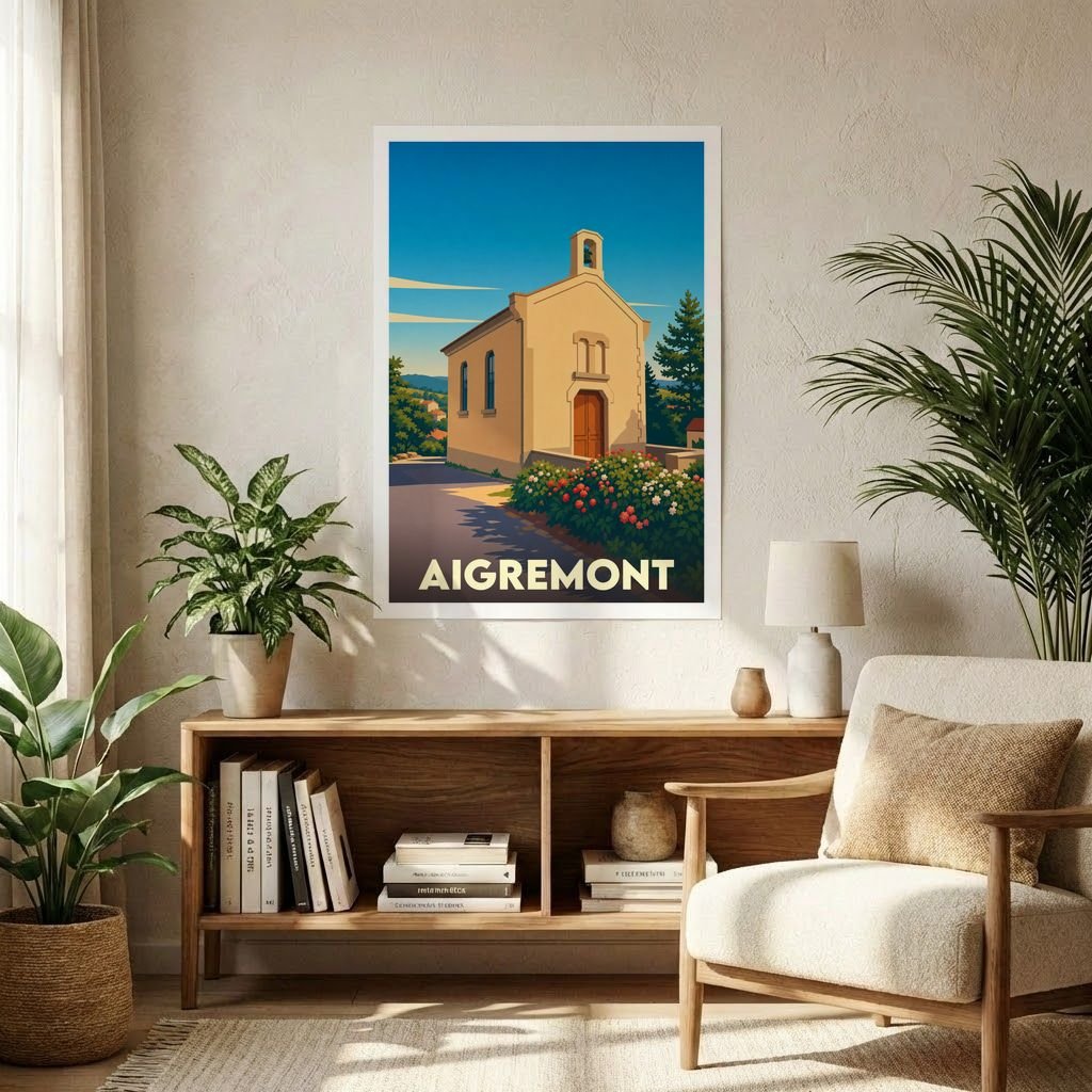 Affiche souvenir de la ville d'Aigremont représentant une église ensoleillée dans un style graphique épuré.