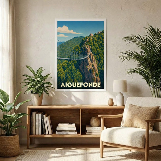 Affiche souvenir de la ville d'Aiguefonde illustrant sa célèbre passerelle suspendue dans un style vintage.