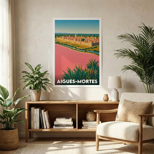 Affiche souvenir de la ville d'Aigues-Mortes avec une illustration stylisée de ses remparts et de ses salins roses.