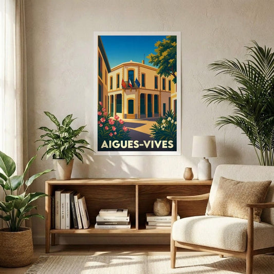 Affiche souvenir de la ville d'Aigues-Vives avec une illustration stylisée et colorée de son architecture.