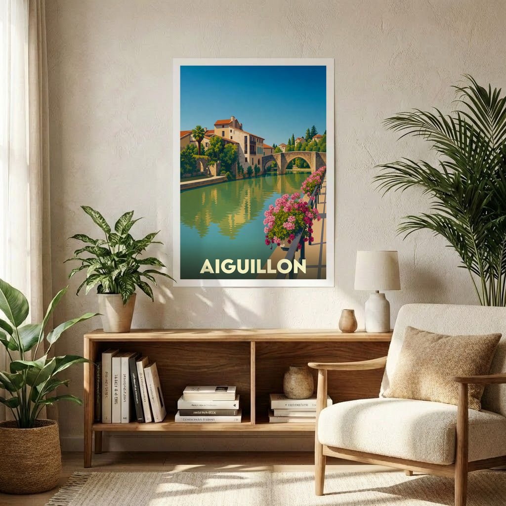 Affiche souvenir de la ville de Aiguillon présentant une illustration stylisée d'un pont et de maisons au bord de l'eau.