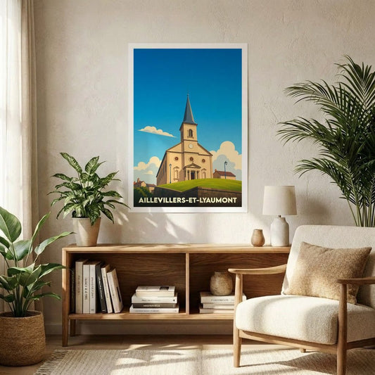 Affiche souvenir de la ville d'Aillevillers-et-Lyaumont avec une illustration stylisée de son église sous un ciel bleu.