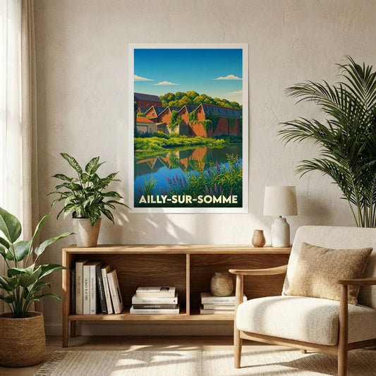 Affiche souvenir de la ville d’Ailly-sur-Somme avec une illustration stylisée de ses bâtiments en briques au bord de l'eau.