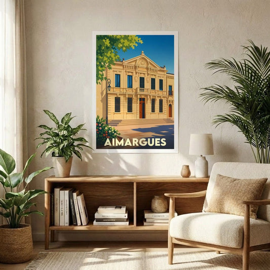 Affiche souvenir de la ville de Aimargues présentant une illustration stylisée d'un bâtiment historique sous un ciel bleu.
