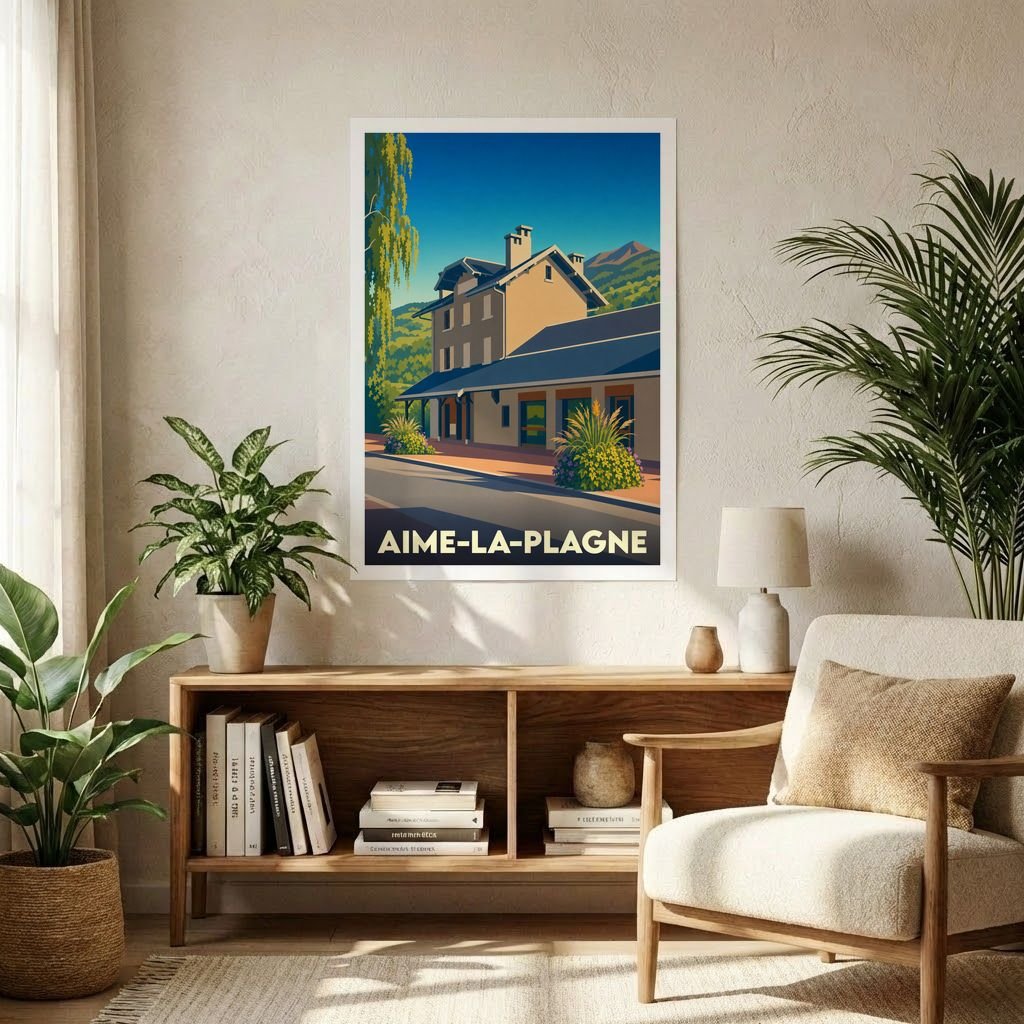 Affiche souvenir de la ville d'Aime-la-Plagne avec une illustration stylisée de sa gare de montagne.