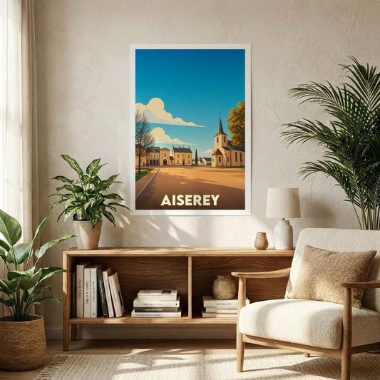 Affiche souvenir de la ville d'Aiserey avec une illustration stylisée et colorée de son paysage urbain.