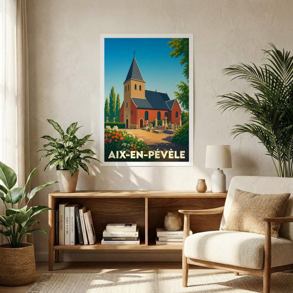 Affiche souvenir de la ville d'Aix-en-Pévèle avec une illustration stylisée de son église et de son cimetière sous un ciel bleu.