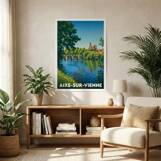 Affiche souvenir de la ville de Aixe-sur-Vienne avec une illustration stylisée d'un pont et d'une église au bord de l'eau.