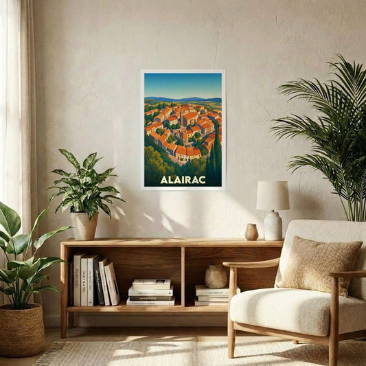Affiche souvenir de la ville d'Alairac avec une illustration stylisée et colorée de son architecture circulaire.
