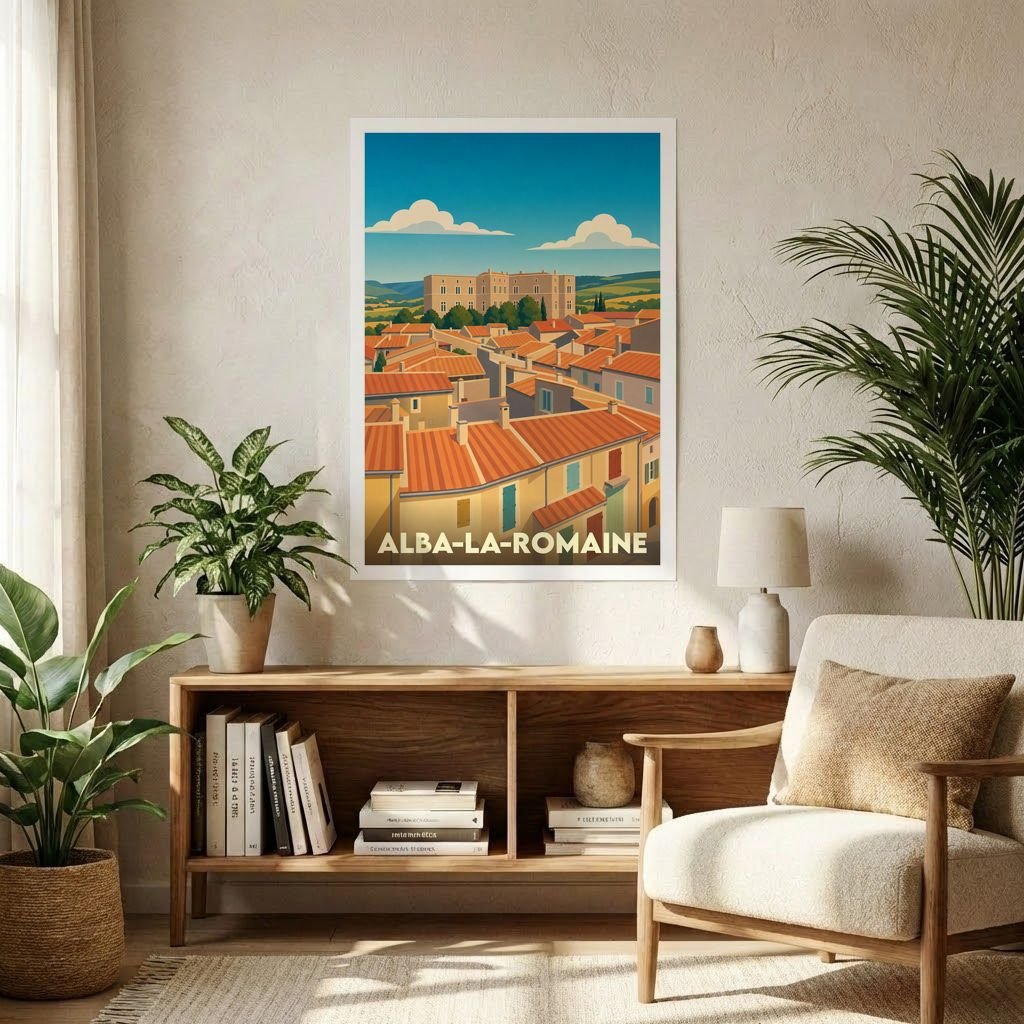 Affiche souvenir de la ville de Alba-la-Romaine avec une illustration stylisée de ses toits et de son château.