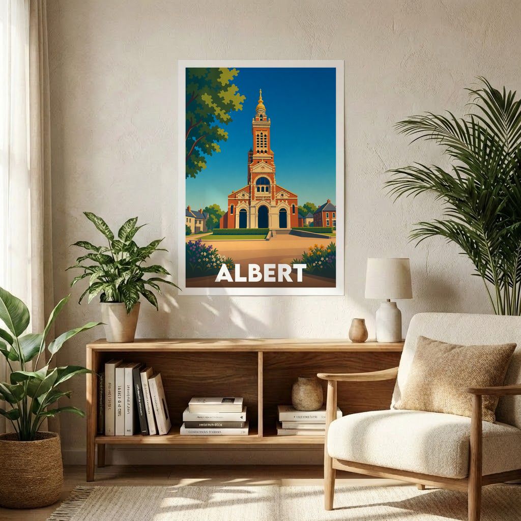 Affiche souvenir de la ville d'Albert avec une illustration stylisée de sa basilique.