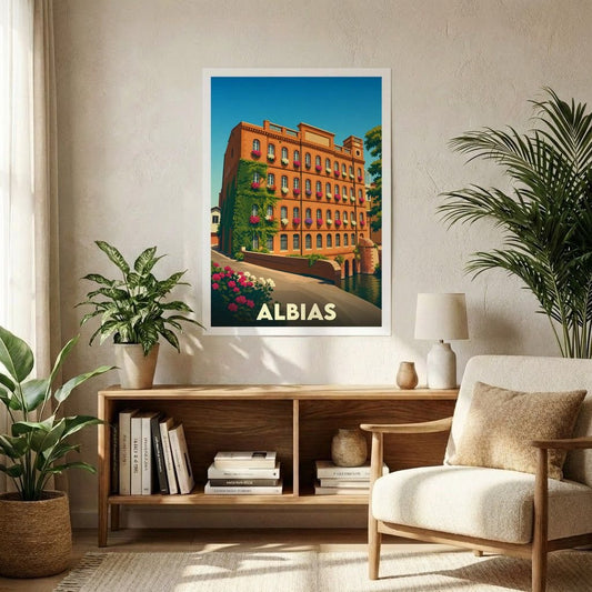 Affiche souvenir de la ville de Albias présentant une illustration stylisée d'un moulin fleuri au bord de l'eau.
