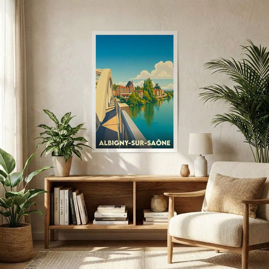 Affiche souvenir de la ville d'Albigny-sur-Saône avec une illustration stylisée d'un pont enjambant la rivière.