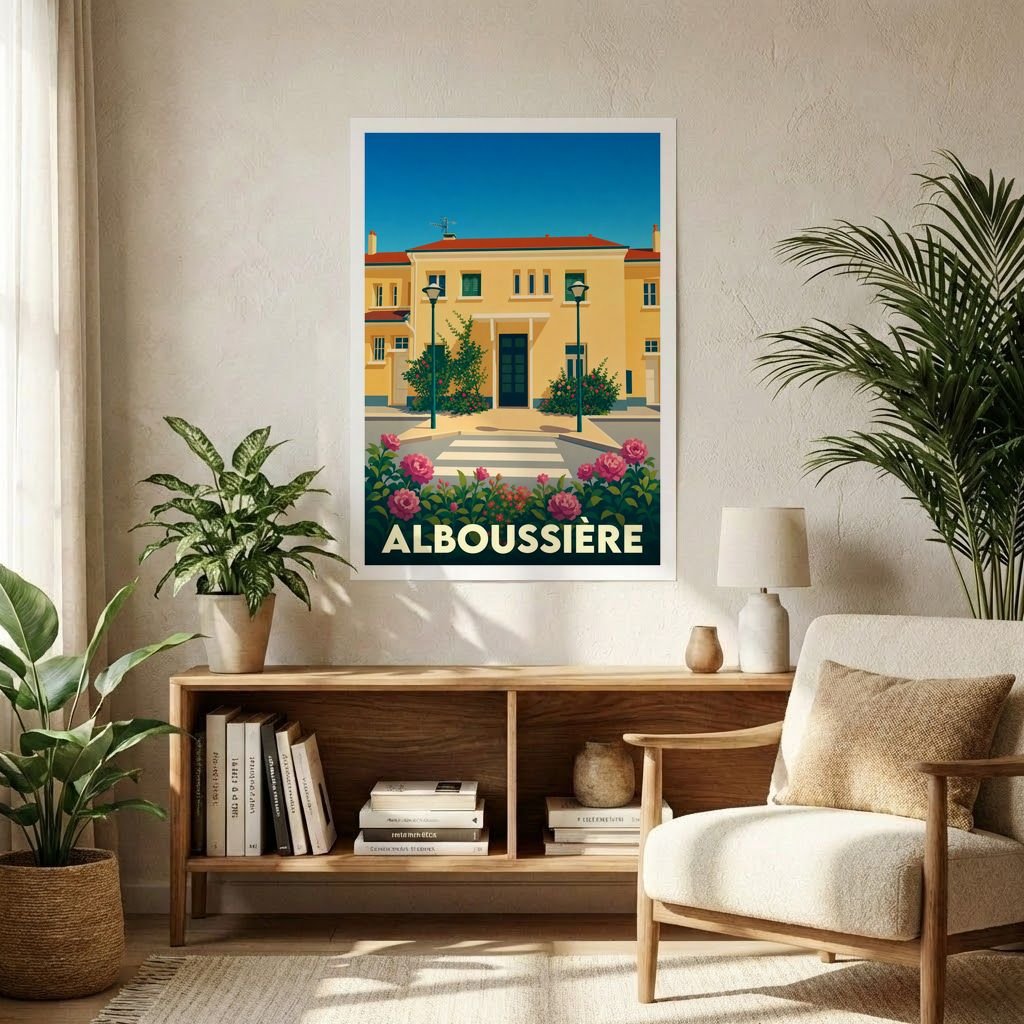 Affiche souvenir de la ville d'Alboussière présentant une illustration stylisée et colorée de son architecture.