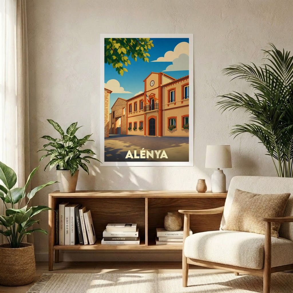 Affiche souvenir de la ville d'Alénya avec une illustration stylisée d'un bâtiment emblématique sous un ciel ensoleillé.