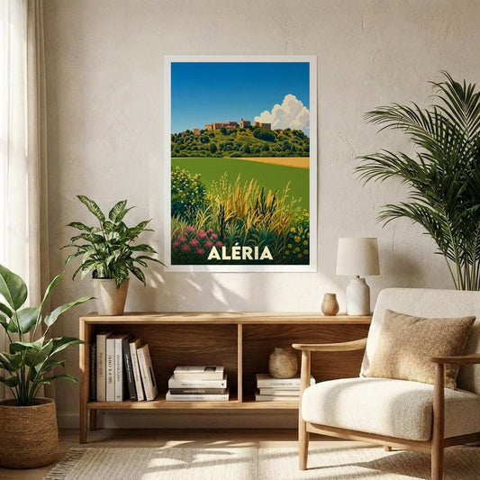Affiche souvenir de la ville d'Aléria avec une illustration stylisée d'un paysage corse champêtre.