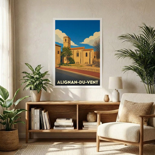 Affiche souvenir de la ville d'Alignan-du-Vent avec une illustration stylisée de son église sous un ciel azur.