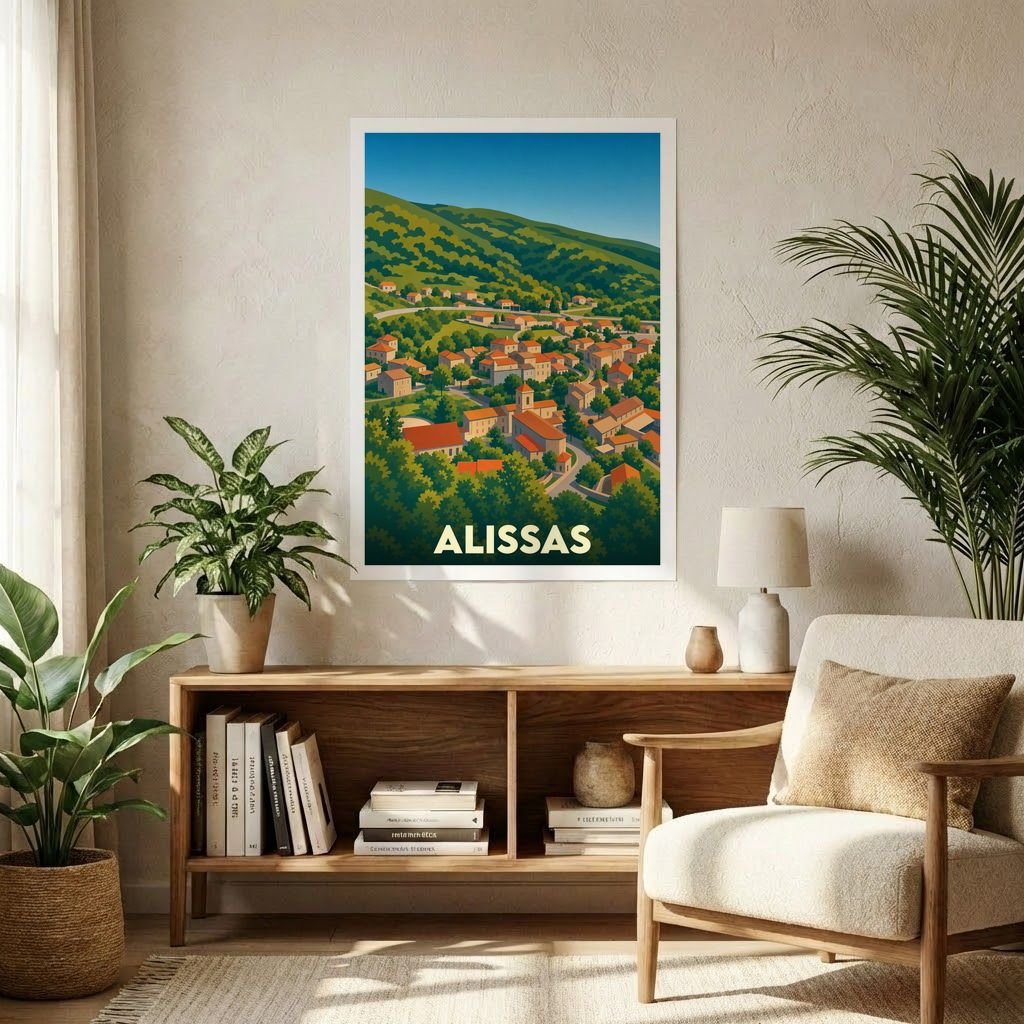 Affiche souvenir de la ville d'Alissas présentant une illustration stylisée et colorée du village niché dans une vallée verdoyante.