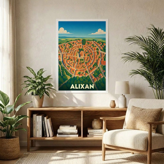 Affiche souvenir de la ville d'Alixan présentant une illustration stylisée du village circulaire en vue aérienne.