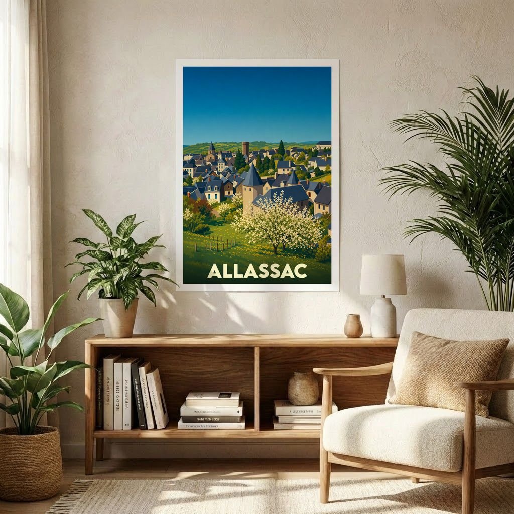 Affiche souvenir de la ville de Allassac avec une illustration stylisée d'un paysage urbain pittoresque.
