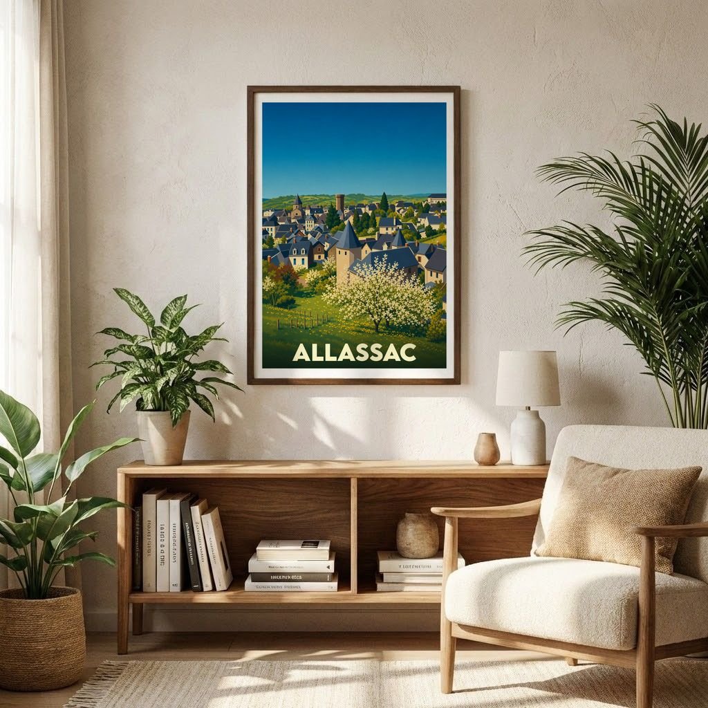 Affiche souvenir de la ville d'Allassac avec une illustration stylisée de ses toits ardoisés et d'un arbre en fleurs.