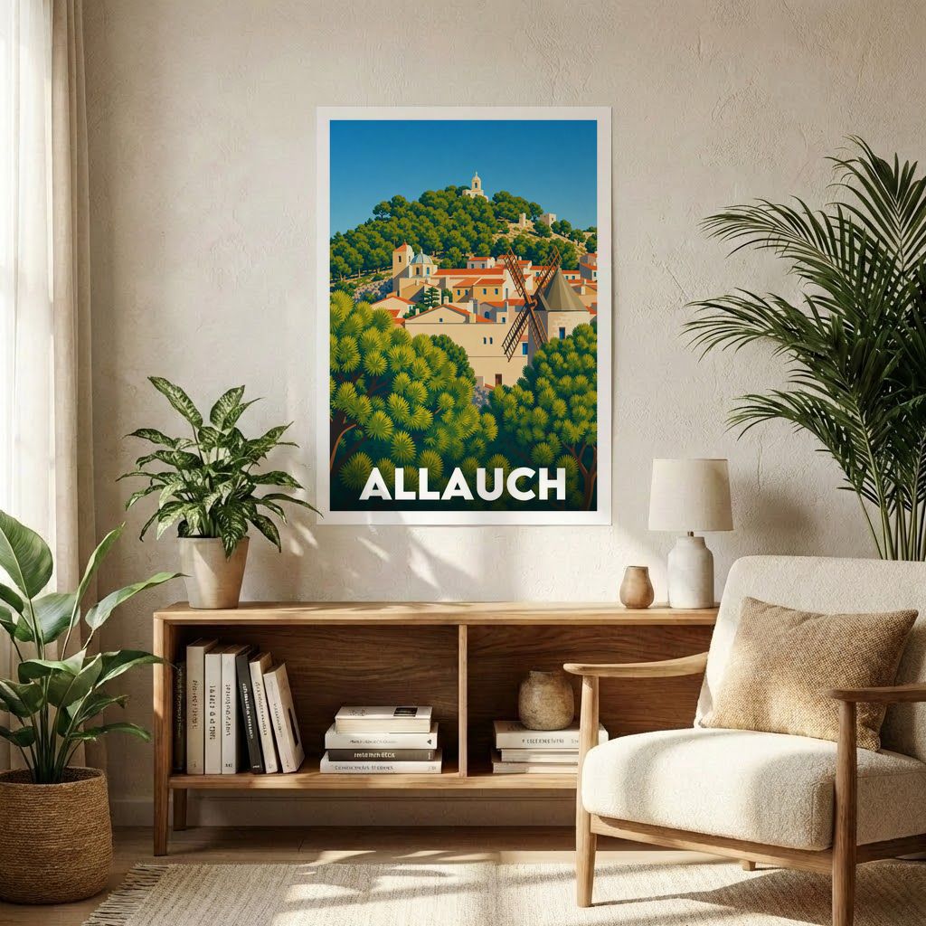 Affiche souvenir de la ville d'Allauch avec une illustration stylisée du village et de son moulin.