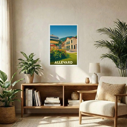 Affiche souvenir de la ville d'Allevard avec une illustration stylisée et colorée de ses thermes.