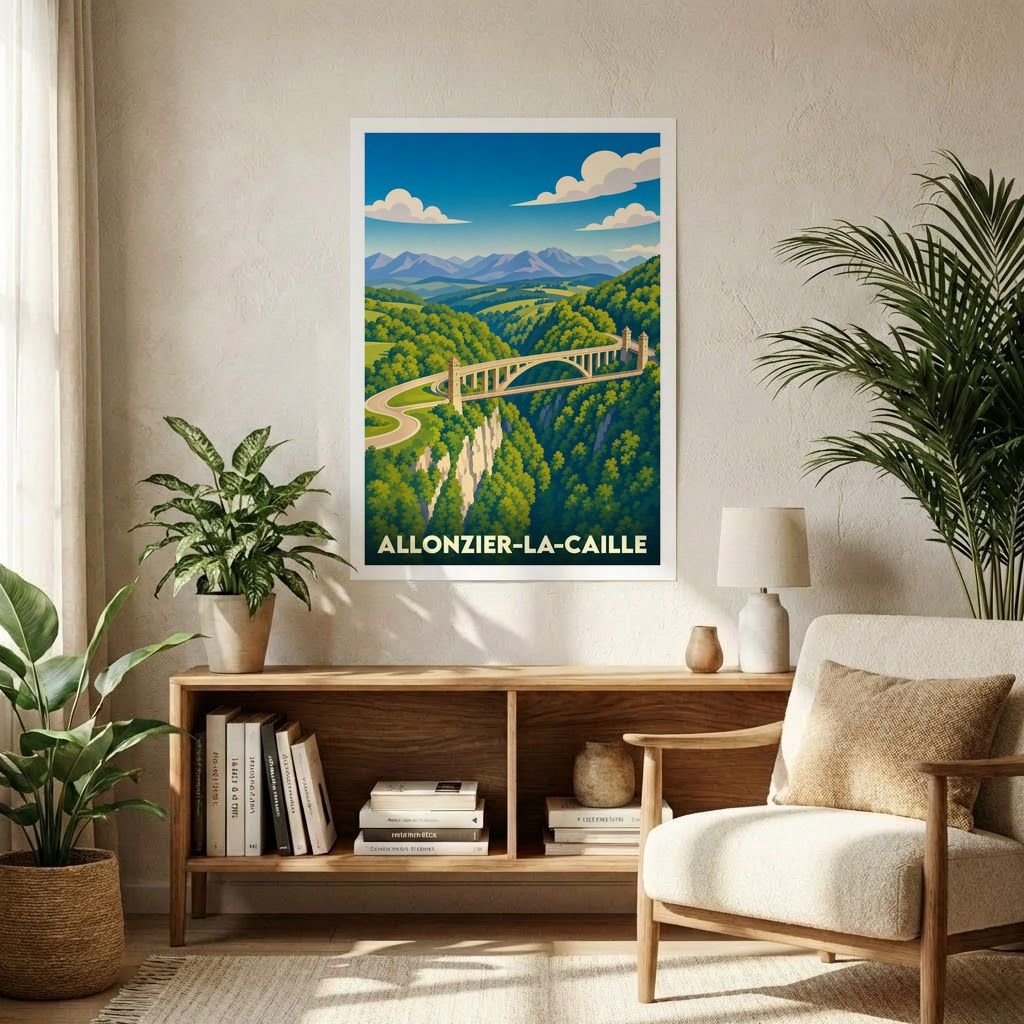 Affiche souvenir de la ville de Allonzier-la-Caille avec une illustration stylisée d'un pont surplombant une vallée verdoyante.