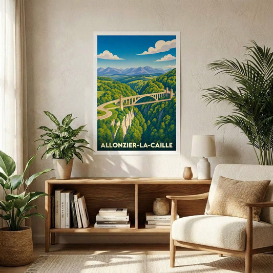 Affiche souvenir de la ville de Allonzier-la-Caille avec une illustration stylisée d'un pont surplombant une vallée verdoyante.