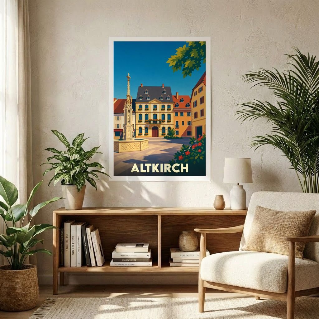 Affiche souvenir de la ville de Altkirch avec une illustration stylisée d'une place historique.