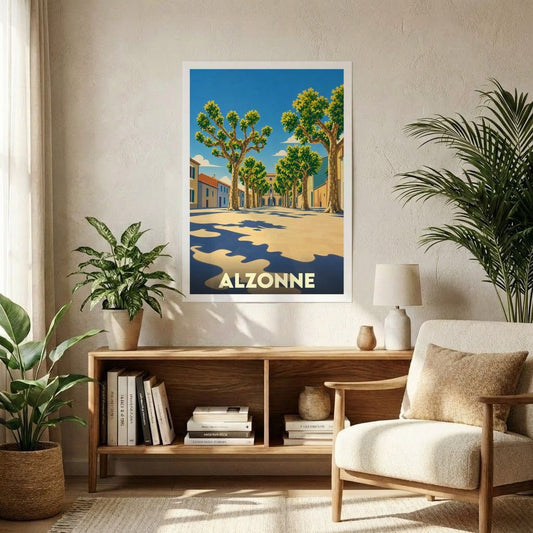 Affiche souvenir de la ville d'Alzonne avec une illustration stylisée d'une place ensoleillée bordée de platanes.