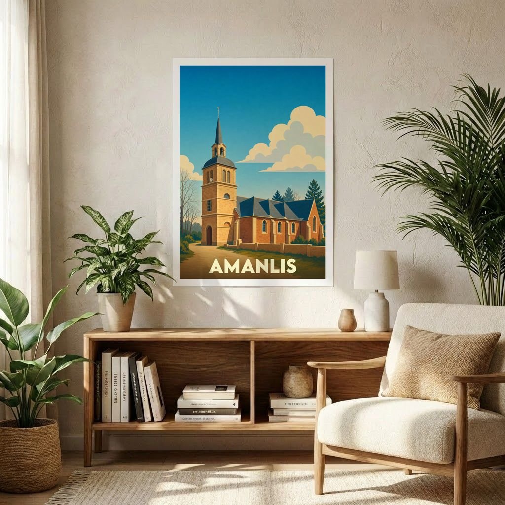Affiche souvenir de la ville d'Amanlis représentant son église dans un style graphique rétro et coloré.