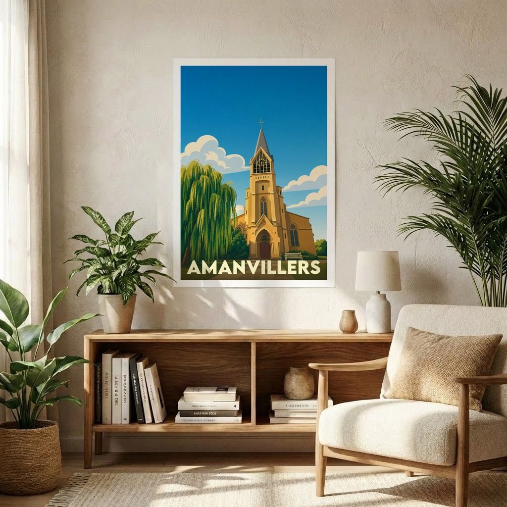 Affiche souvenir de la ville d'Amanvillers avec une illustration stylisée de son église et d'un saule pleureur.