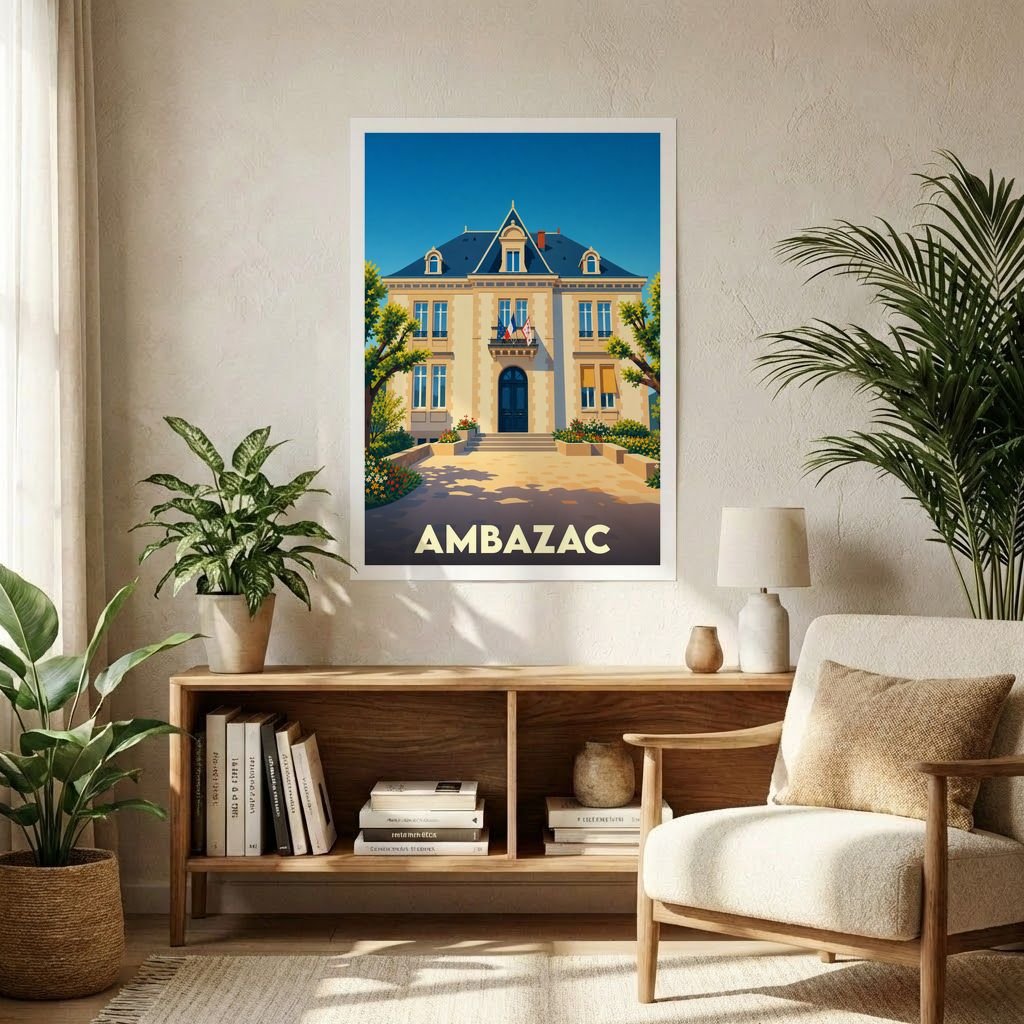 Affiche souvenir de la ville d'Ambazac avec une illustration stylisée de son hôtel de ville.