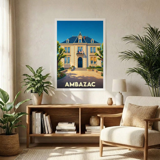 Affiche souvenir de la ville d'Ambazac avec une illustration stylisée de son hôtel de ville.