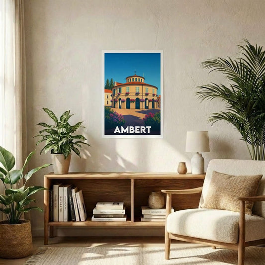 Affiche souvenir de la ville d'Ambert avec une illustration stylisée de sa mairie ronde.
