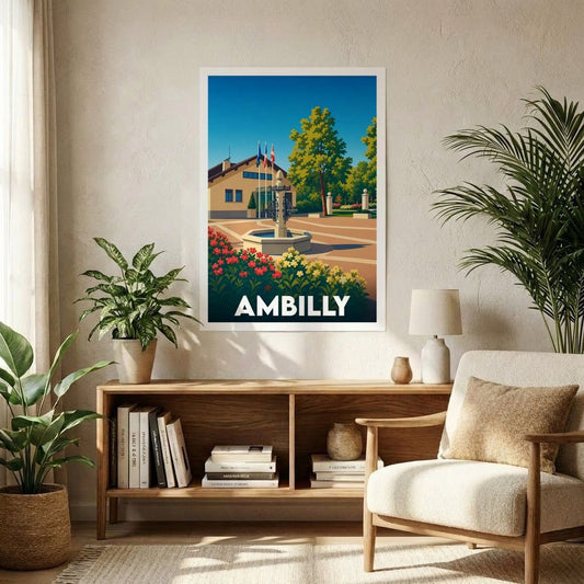 Affiche souvenir de la ville d'Ambilly avec une illustration stylisée d'une fontaine et de l'hôtel de ville.