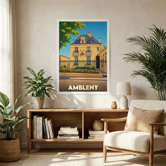 Affiche souvenir de la ville d'Ambleny avec une illustration stylisée d'un bâtiment officiel sous un ciel bleu.